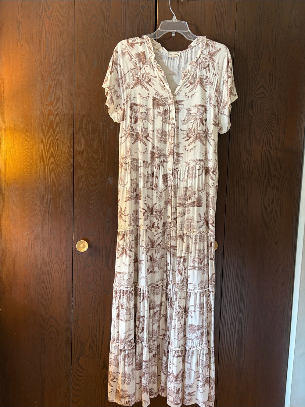 Cloth & Portrait Cream & Brown Scenic Print Tiered Maxi Dress. Size Large.